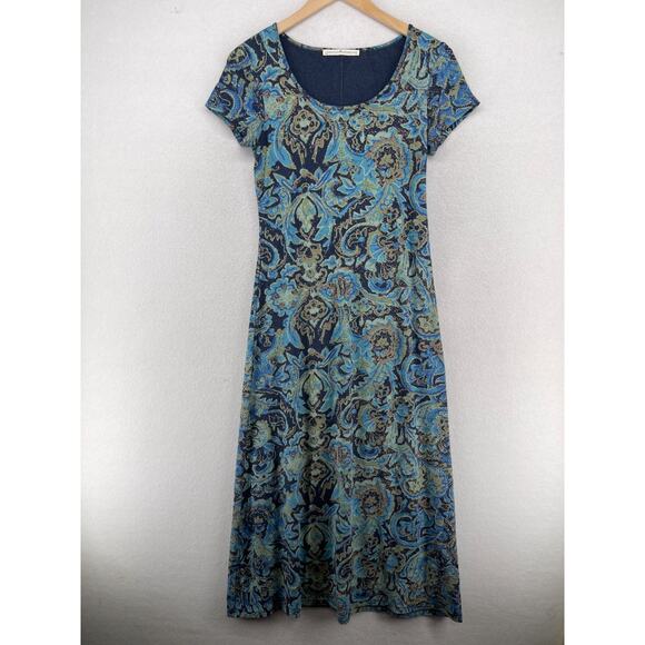 PERUVIAN CONNECTION Dress XS Paisley Midi Cap Sleeve Stretch Pima Cotton Blue - Picture 1 of 13